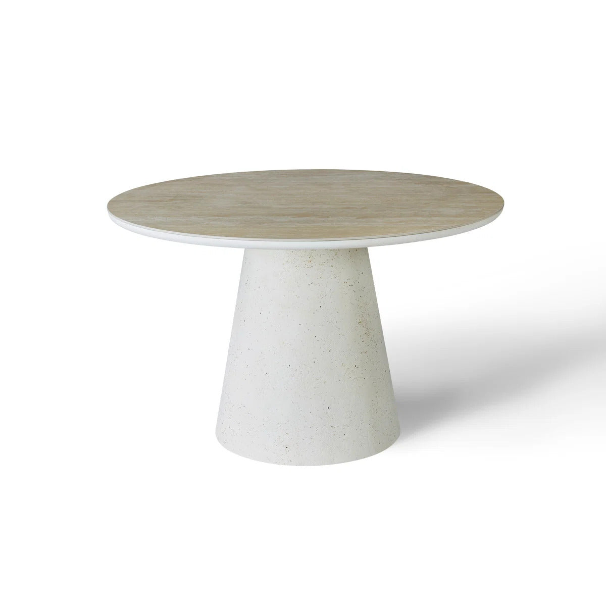 Stratos 120cm Round Dining Table with Sorrento Dining Chairs – Ivory & Travertine