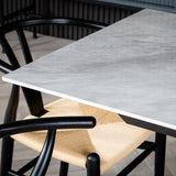 Nova 120–160cm Extending Dining Table – Soft Grey Marble Ceramic & Black