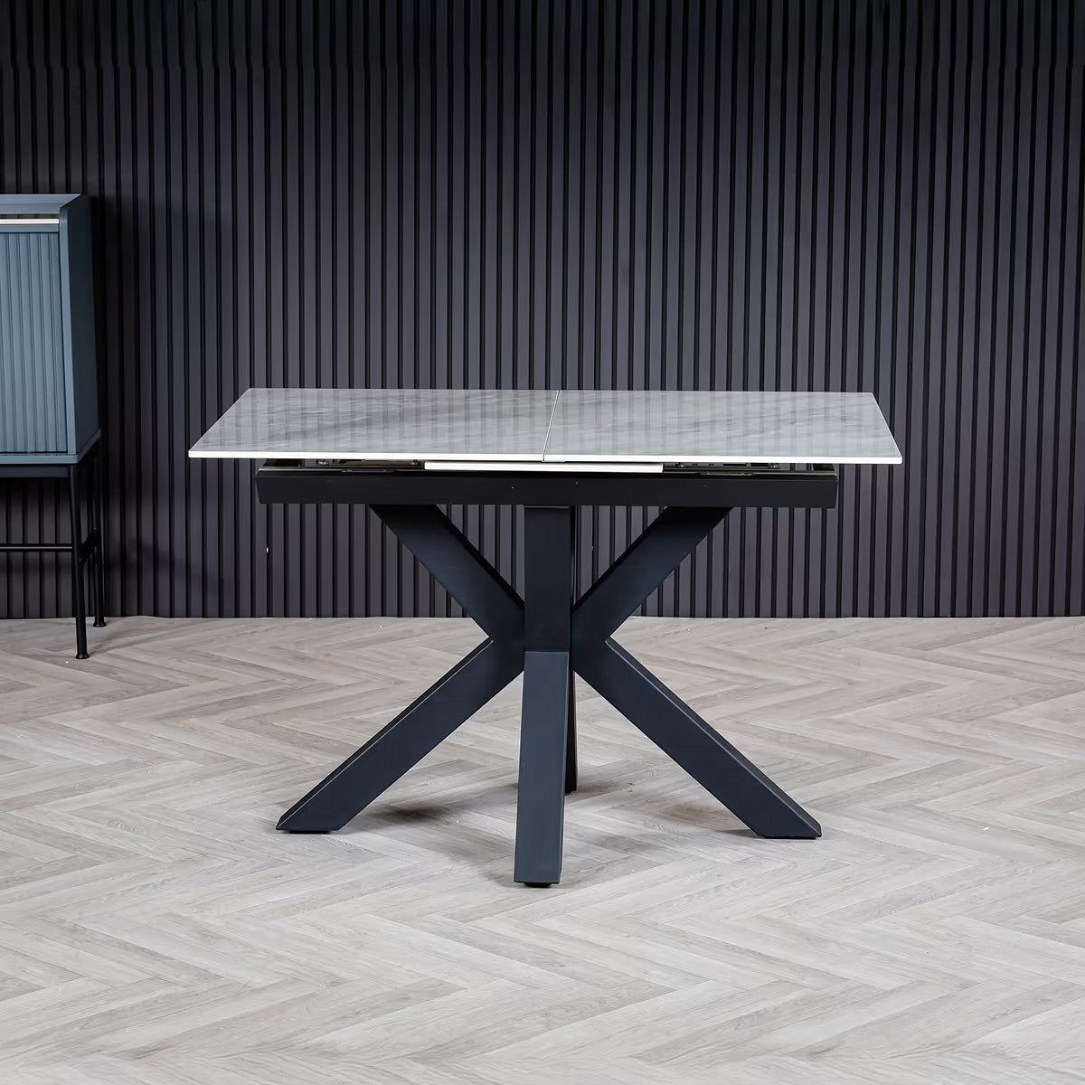 Nova 120–160cm Extending Dining Table – Soft Grey Marble Ceramic & Black