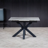 Nova 120–160cm Extending Dining Table – Soft Grey Marble Ceramic & Black