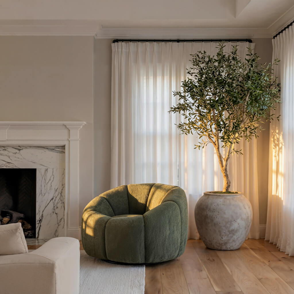 Nao Swivel Lounge Chair – Basil Chenille Bouclé