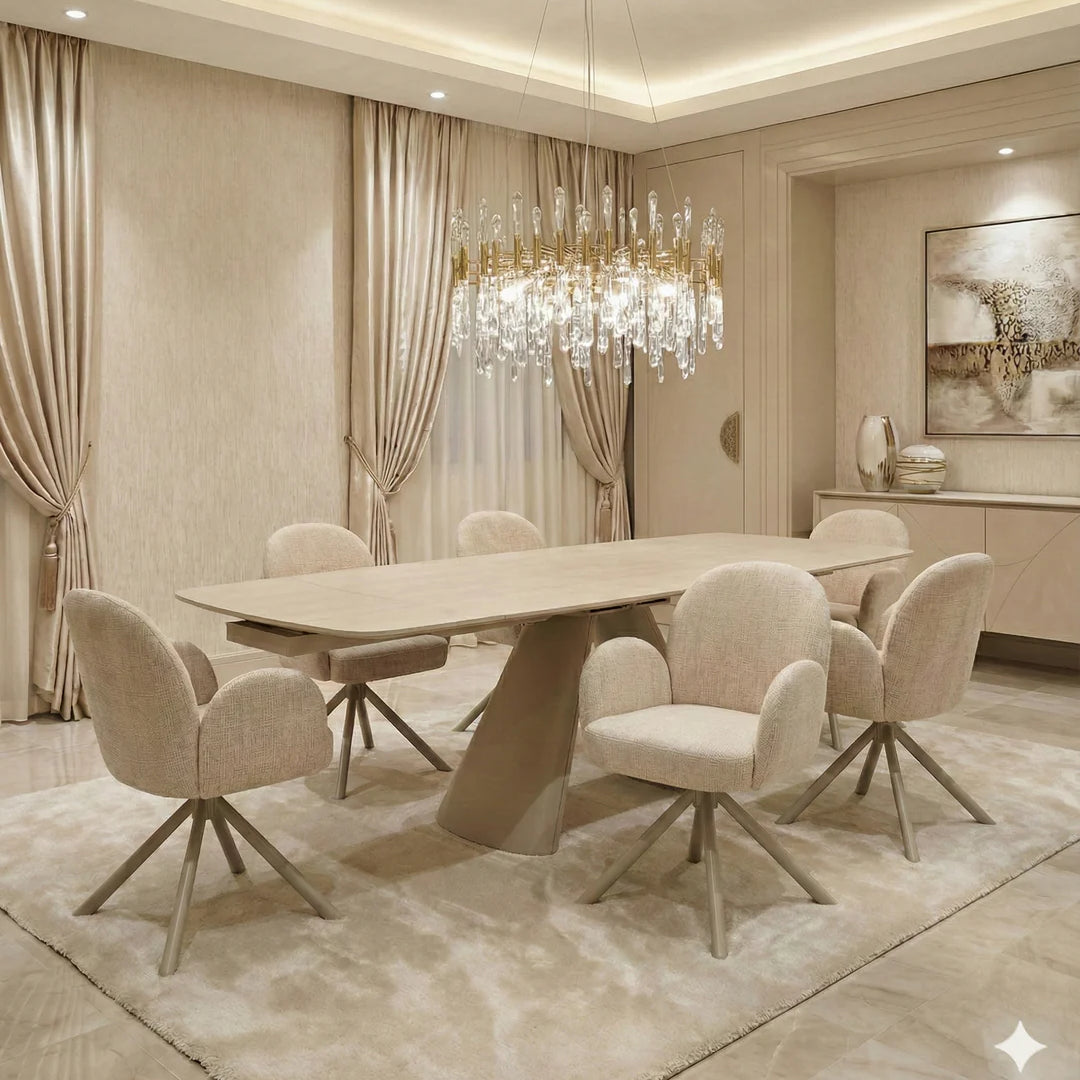 Manhattan 160-240cm Extending Dining Table & Tokyo Chair Set – Beige Ceramic Stone