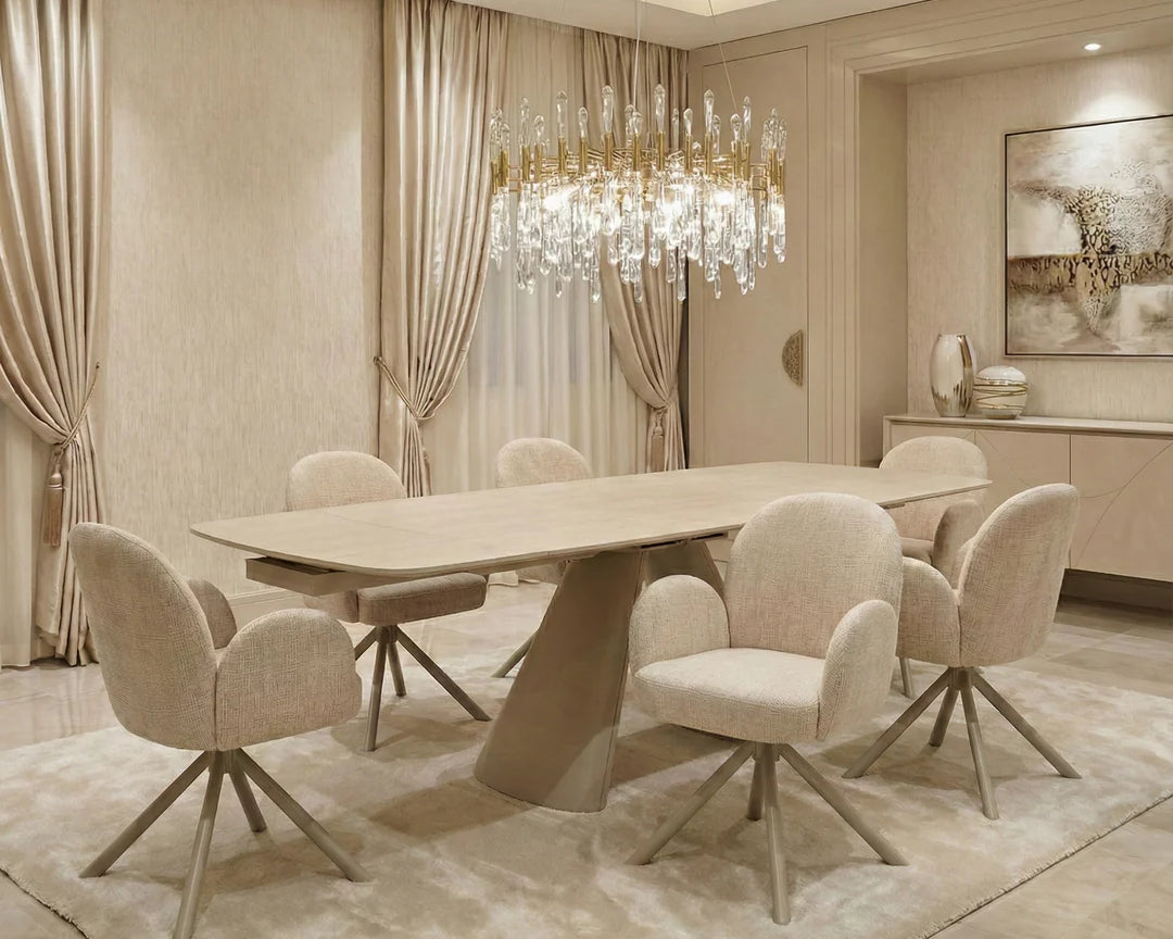 Manhattan 160-240cm Extending Dining Table & Tokyo Chair Set – Beige Ceramic Stone