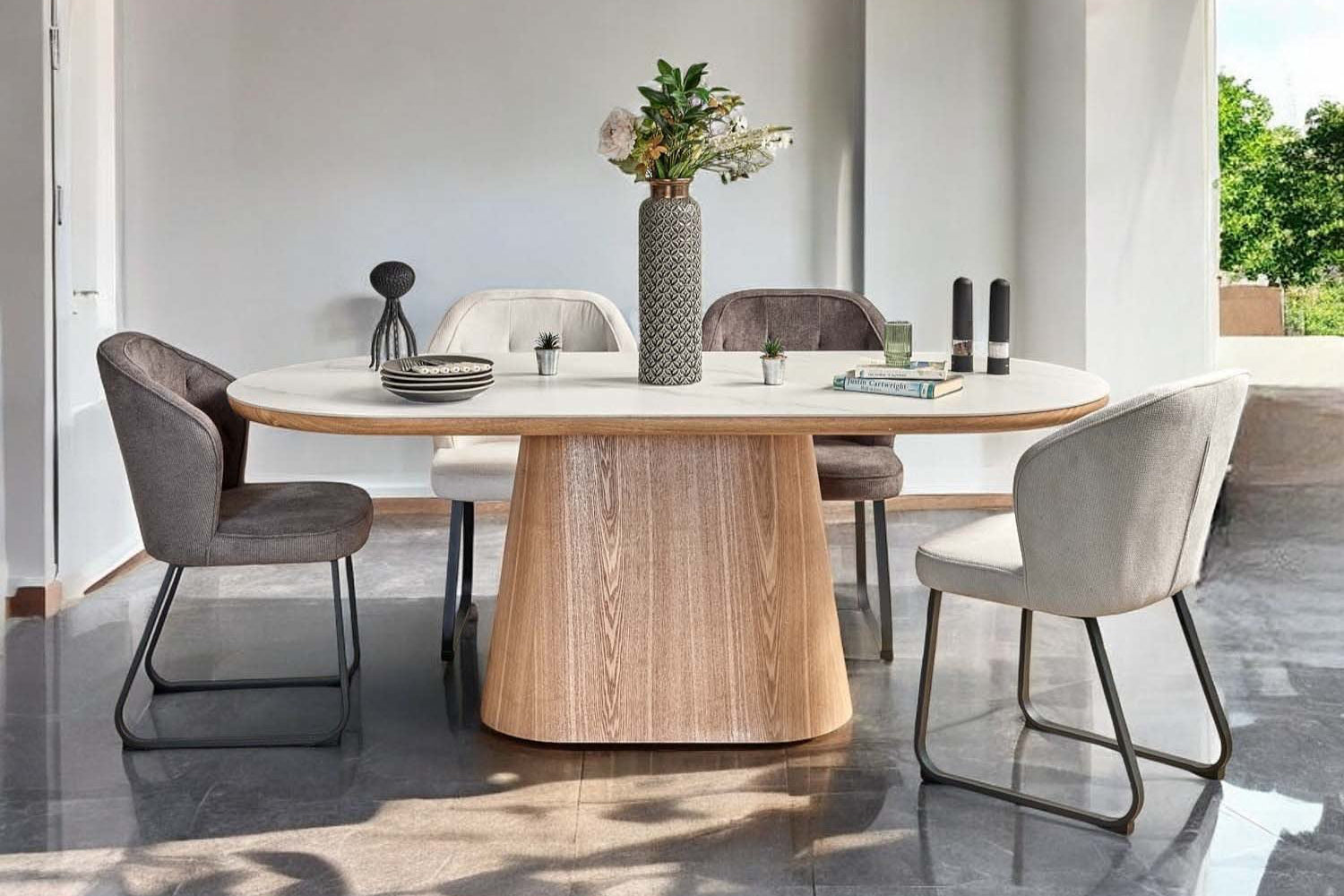 Bianca 200cm Oval Dining Table – Beech & White Ceramic Marble