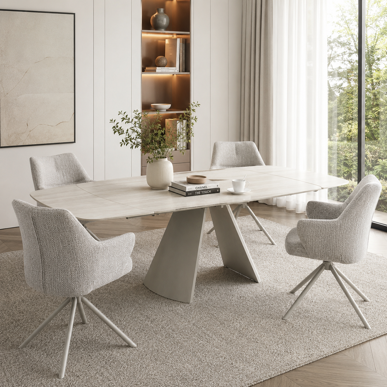 Geneva 160–240cm Extending Dining Table & Mirella Swivel Chair Set – Ivory Travertine & Grey