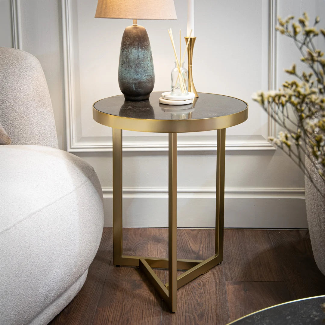 Cullen Side Table – Caviar Marble & Matte Champagne