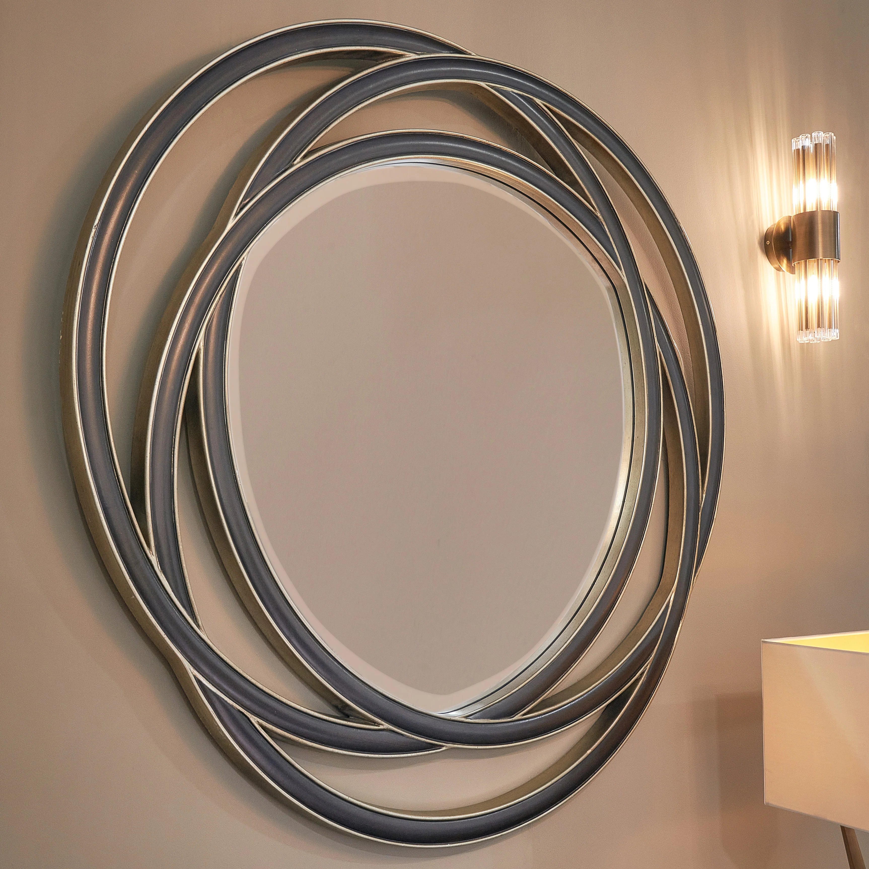 Dove Round Mirror – Walnut & Champagne Silver