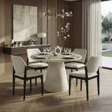 Stratos 120cm Round Dining Table with Sorrento Dining Chairs – Ivory & Travertine