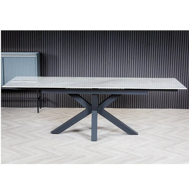 Nova 160–240cm Extending Dining Table – Soft Grey Marble Ceramic & Black