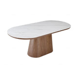 Bianca 200cm Oval Dining Table with Clara Upholstered Dining Chairs - Walnut & White Marble Ceramic