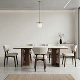 Rinato 180cm Dining Table with Luciano Upholstered Dining Chairs - Walnut & White Sunset Cloud Vein Ceramic